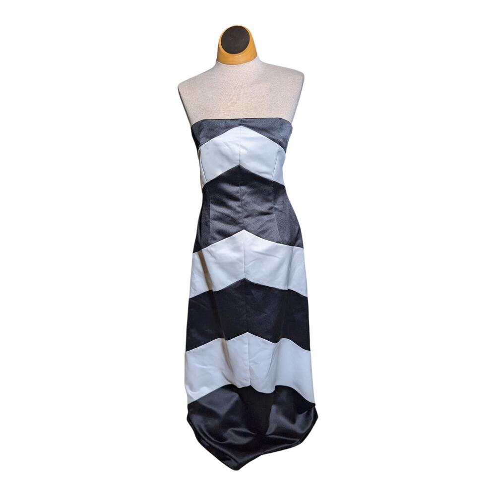 Vtg 1990s Jessica McClintock Black White Stripe Chevron Strapless Maxi Gown 10 - Picture 2 of 6